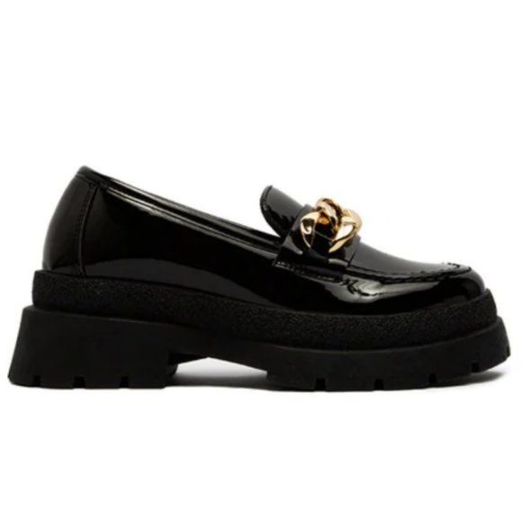 !! NEW !! Black Patent Chunky Heel Platform Loafers with Chain Detail - Picture 5 of 6